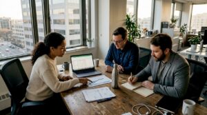 SaaS team collaborating in corner office