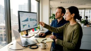 Finance team collaborating on SaaS automation dashboard
