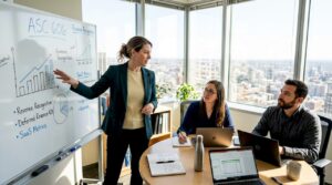 SaaS finance director leads team meeting