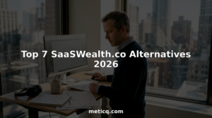 SaaS founder reviewing financial dashboard in office