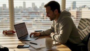 Founder updating SaaS metrics at cluttered desk
