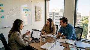 Team reviewing churn metrics around a conference table