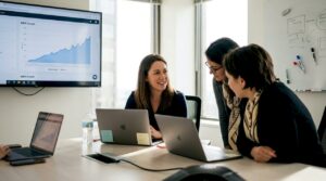 SaaS analytics team meeting with growth charts