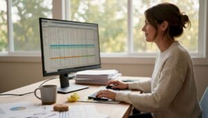 SaaS manager reviews scenario planning spreadsheet