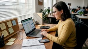 Manager checking SaaS churn metrics on laptop