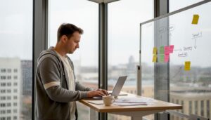 SaaS founder working at desk with whiteboard